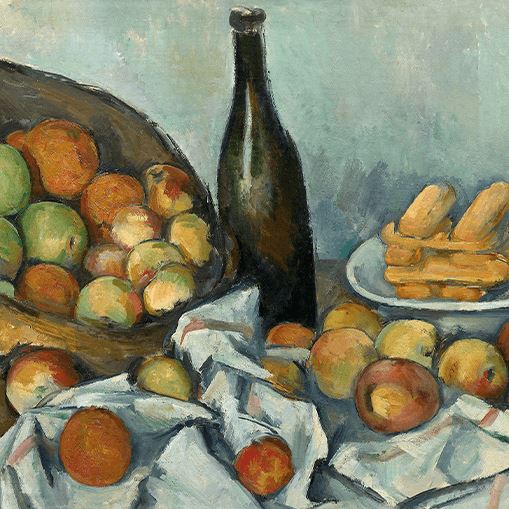 A still life painting of fruit and a bottle