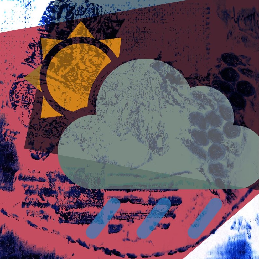 A print of a sun, cloud and rain symbols