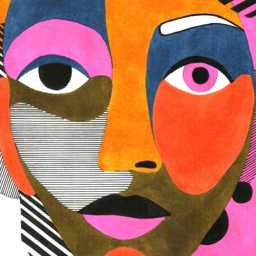 A collage of a face made with coloured paper