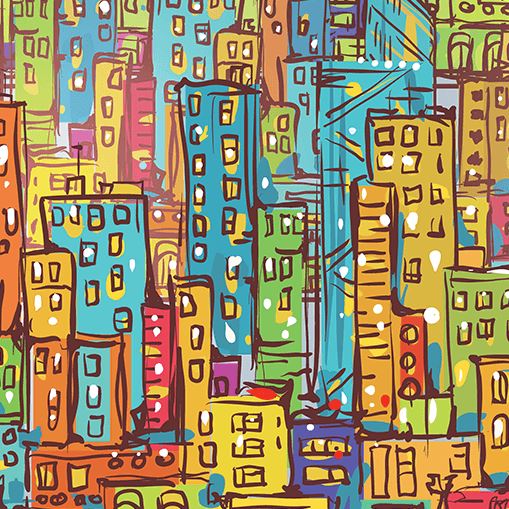 A colourful painting of buildings