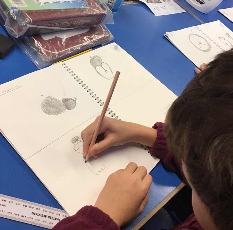 A child doing a still life drawing