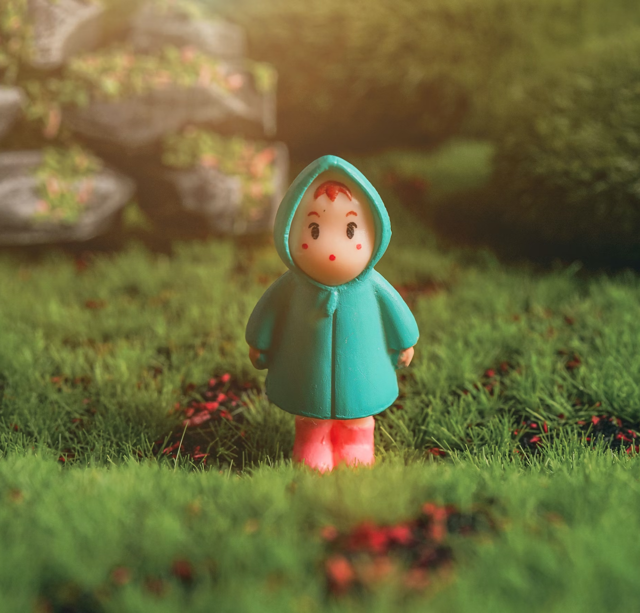 A figurine wearing a green coat and red boots stands in grass